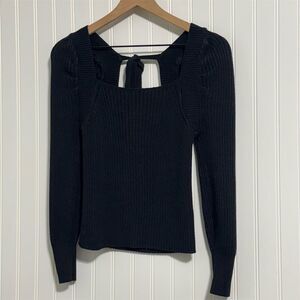 Miracle USA Black Ribbed Square‎ Neck Puff Sleeve Tie Back Knit Sweater Top S/M